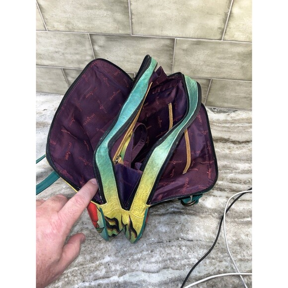 Anuschka Hand Painted Art Leather Tiger Leopard Hibiscus Satchel Purse W/Coin - Picture 14 of 16